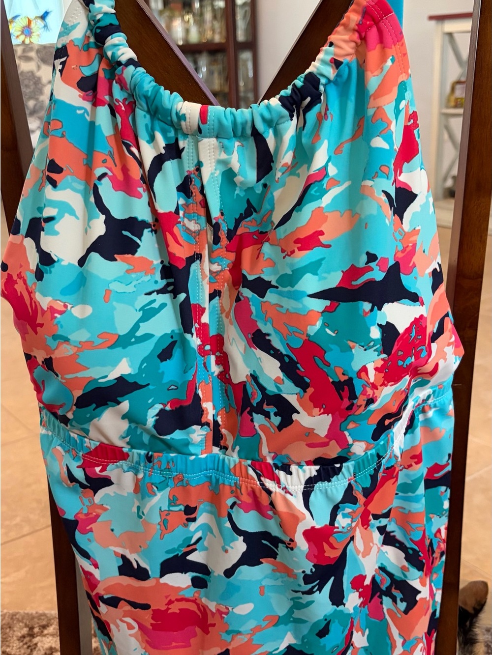 Kim Rogers Aqua Coral Navy Abstract Maxi Swim suit top.